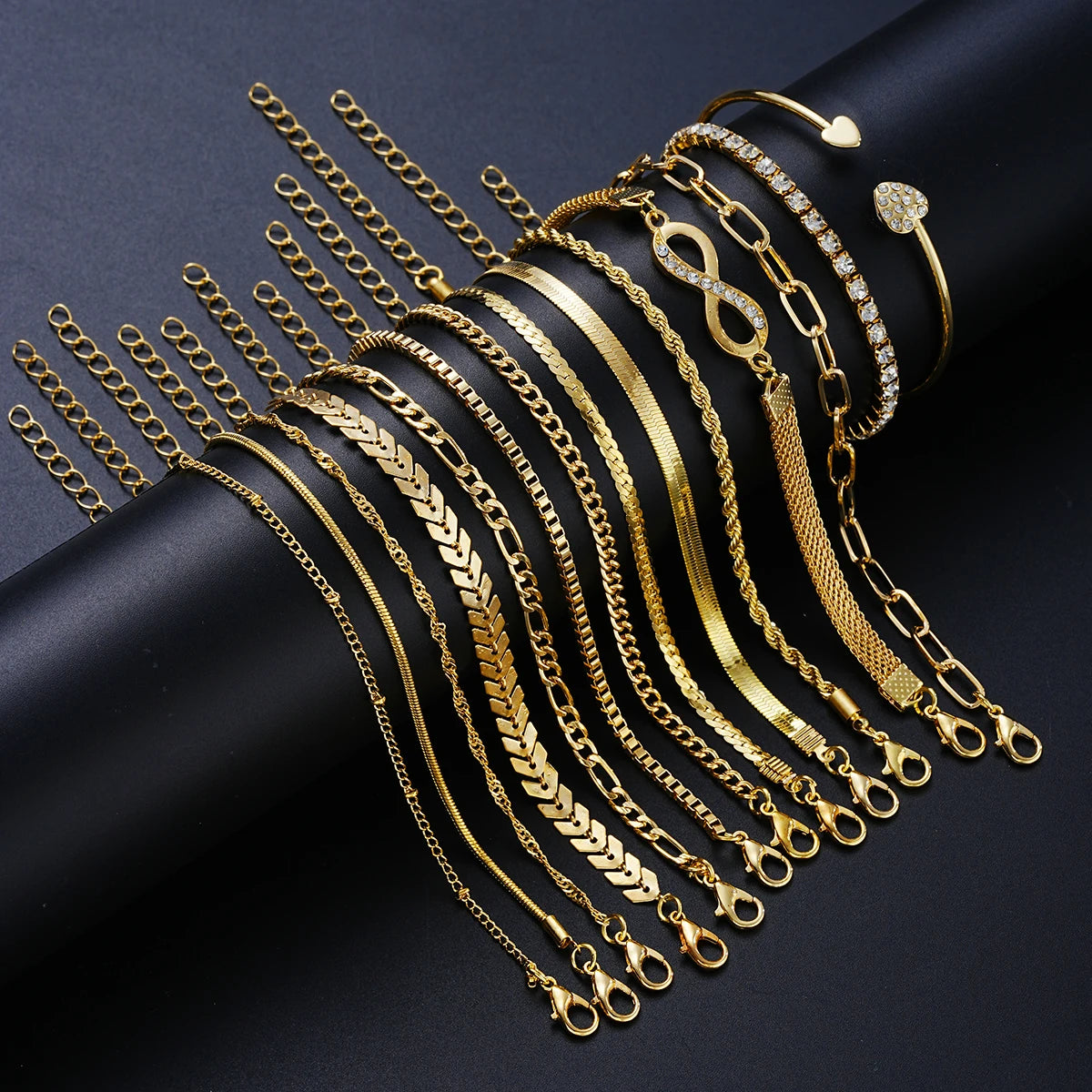 Boho Vintage Gold Color Crystal Heart & Snake Chain Bracelet Set, 14 Pcs/Set
