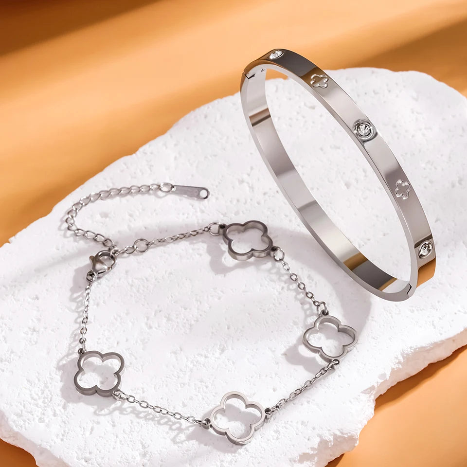 3pcs/2pcs Stainless Steel Four-Leaf Clover Stacked Bracelets Set 18K Gold Plated Couple Jewelry Lucky Charm Holiday Gift