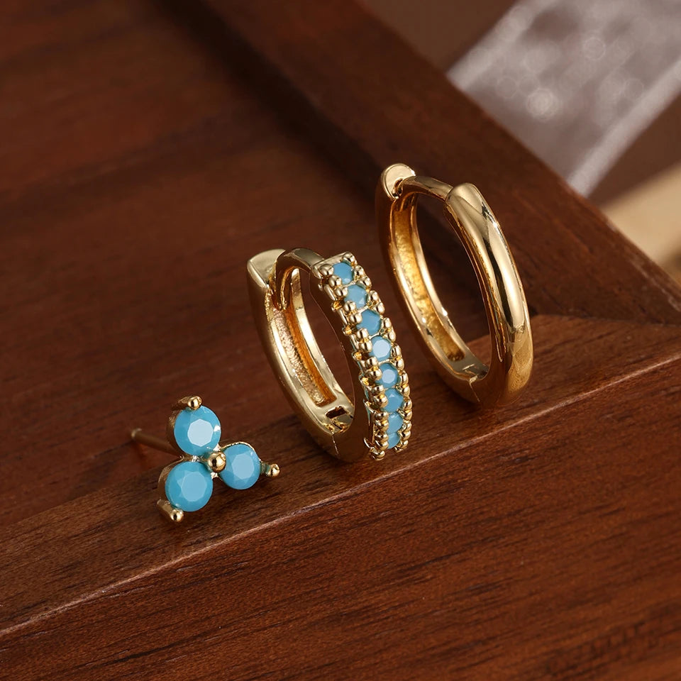 6-Piece Fashion Blue Turquoise & Shiny Zircon Hoop Earring Set
