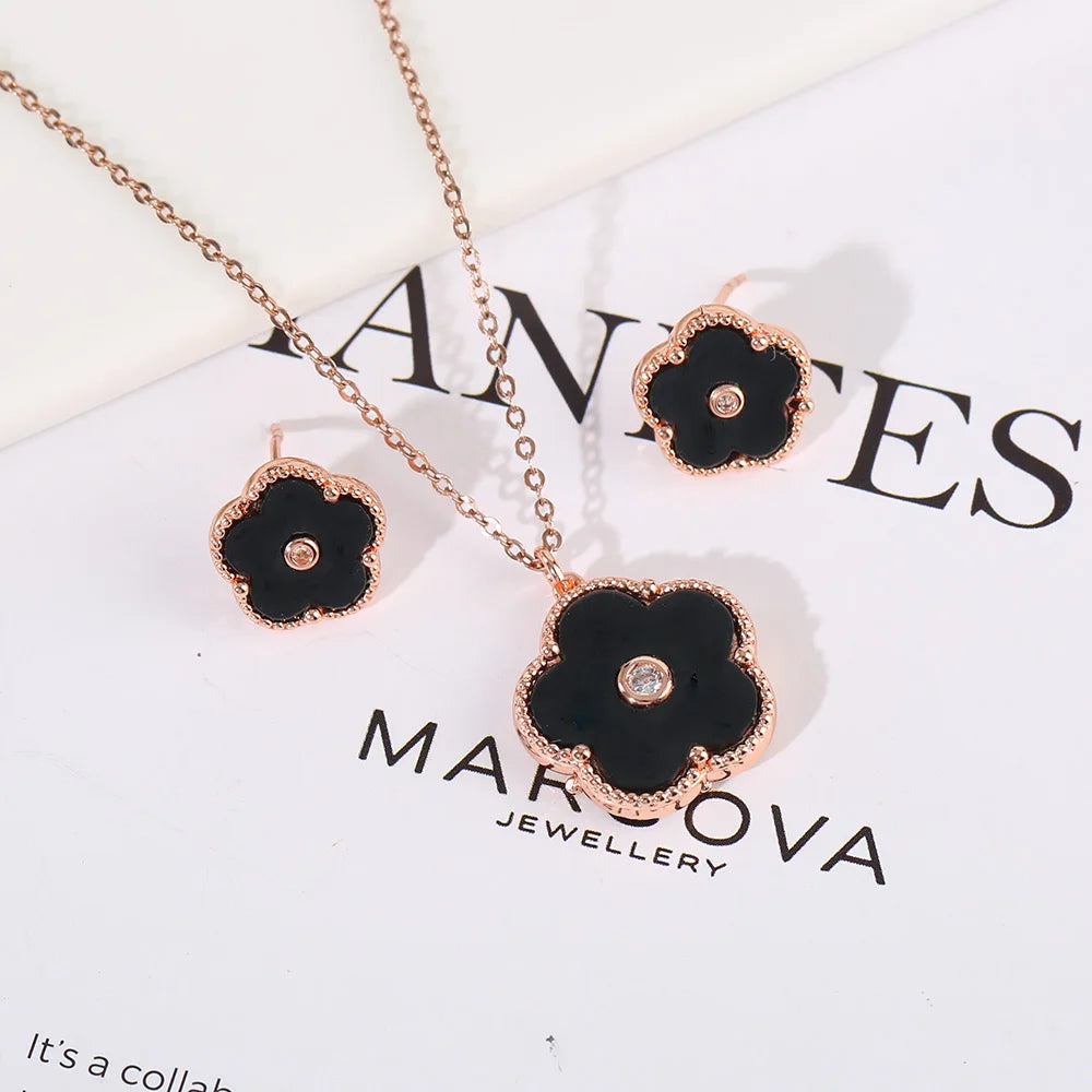 Double Sided Zircon New Design Plant Pentaphyllum 2pc Set Cute Shell Jewelry For Women's High-Quality Gifts Luxurious Clover
