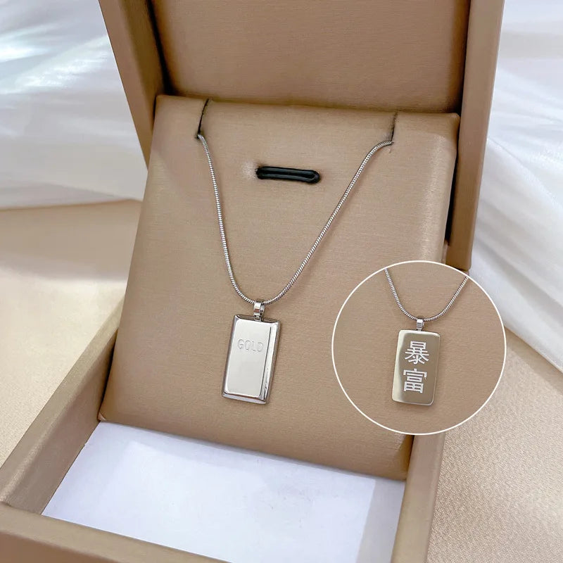 Bullion Bar Necklace Stainless Steel Necklaces Golden Cube Brick Pendant For Women Men Geometric Choker Gold Color Jewelry Gift