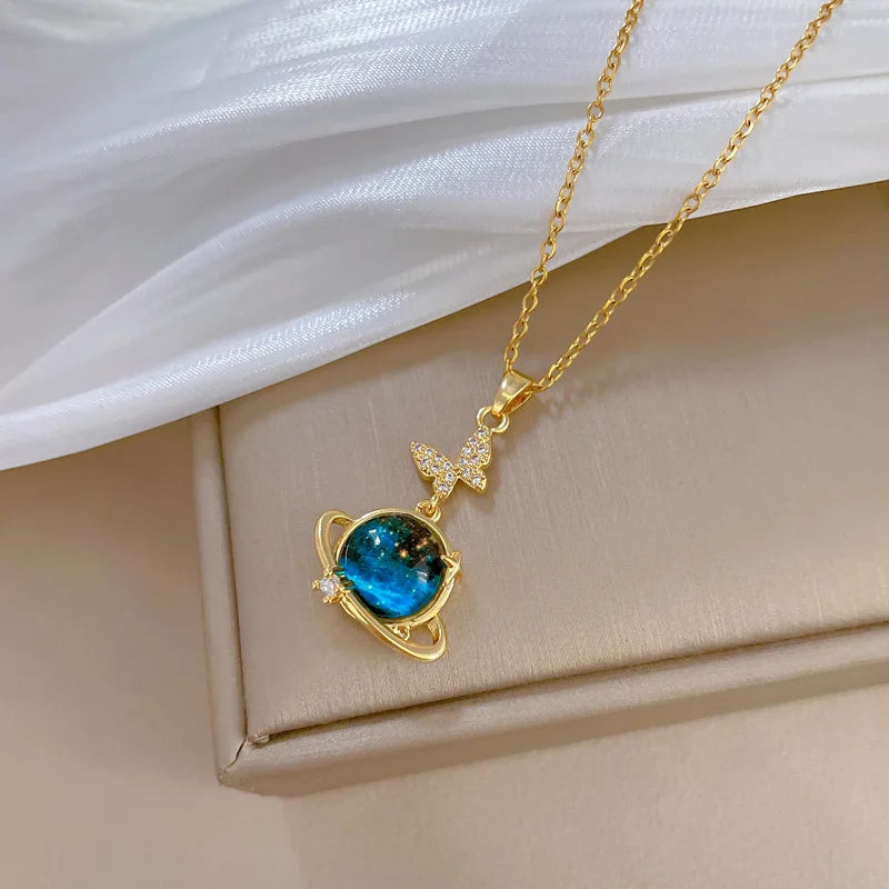 Light Luxury Titanium Steel Star Series Planet, Moon & Astronaut Pendant Necklace