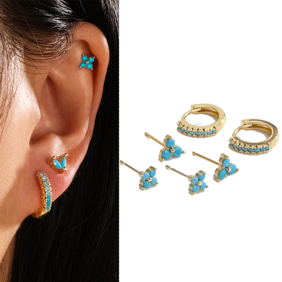6-Piece Fashion Blue Turquoise & Shiny Zircon Hoop Earring Set
