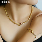 EILIECK 316L Stainless Steel Hollow Heart Necklace Bracelet Set Minimalist Metal Texture Women Water Resistant Jewelry Lady Gift