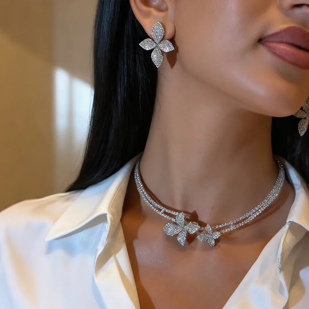 Exquisite Flower Choker Necklace Earrings Set for Women Rhinestone Bride Wedding Collar Jewelry Set Fashion Party Daily Gifts