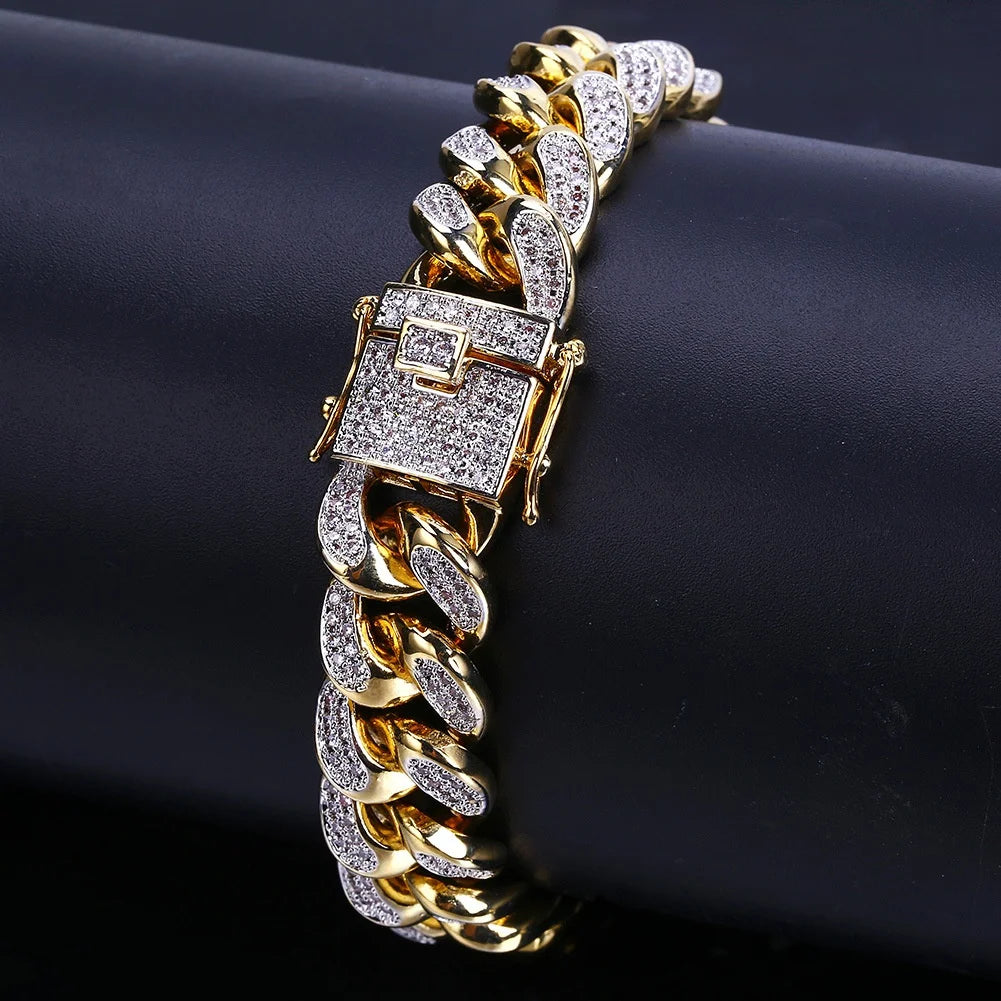 Bracelet chaîne cubaine de luxe glacé avec strass