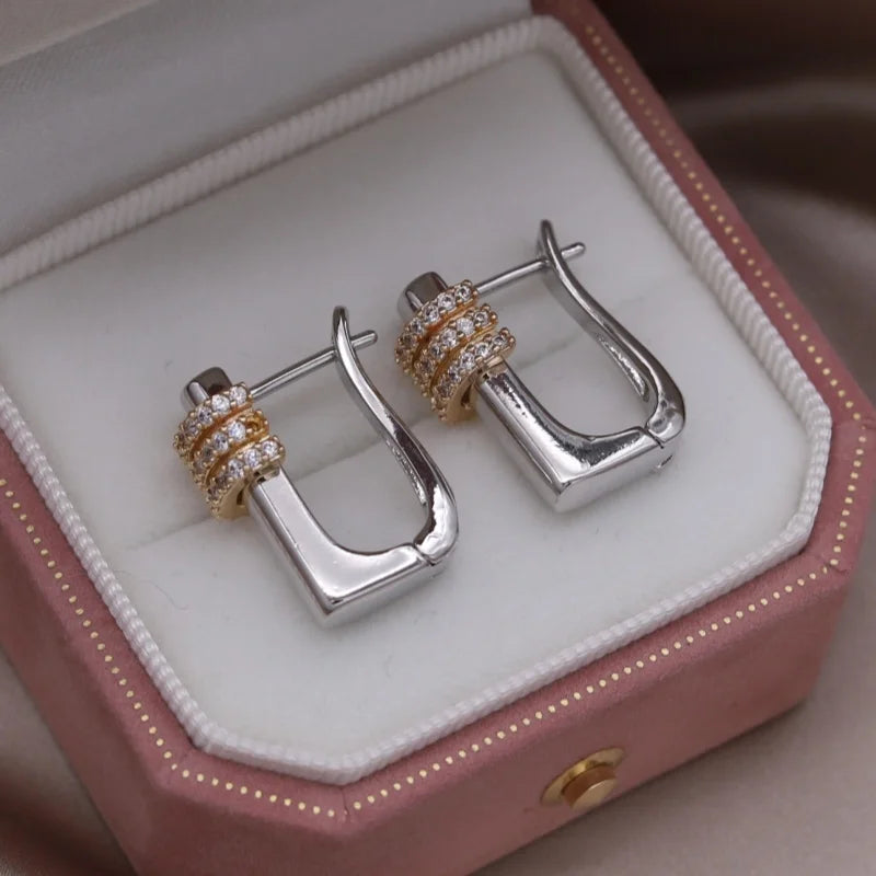 French Two-Tone Geometric Water-Drop Zircon Earrings