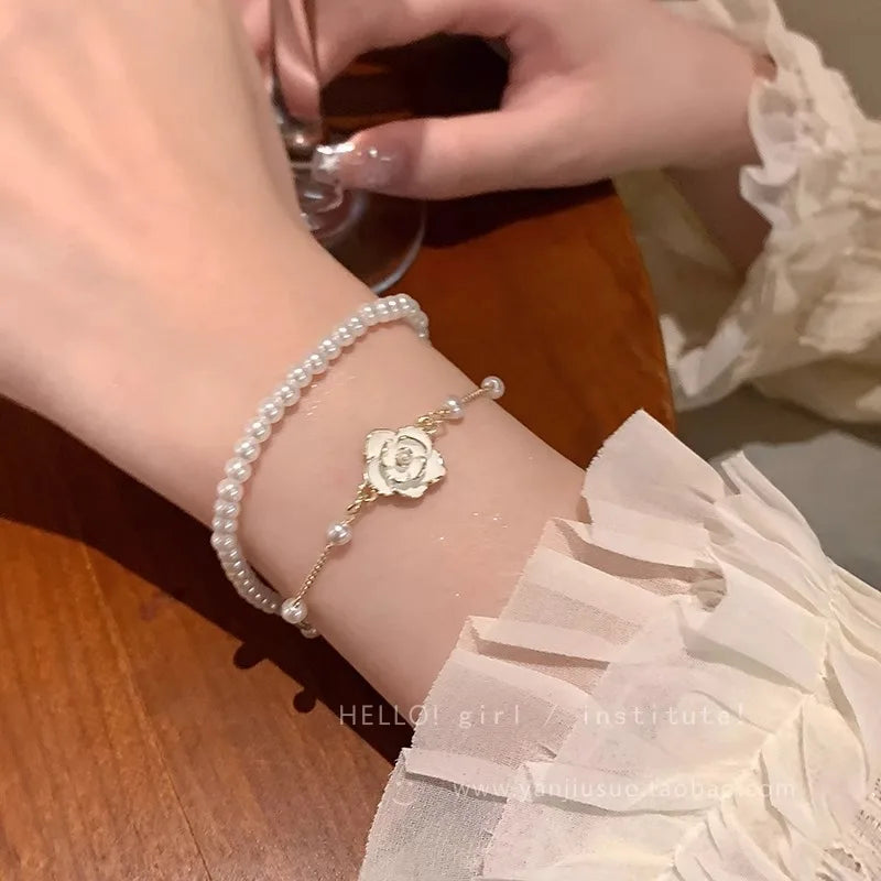 Vintage White Camellia Flower Bracelets for Women Elegant Double Layer Simulated Pearl Beads Chain Bracelet Jewelry Trend