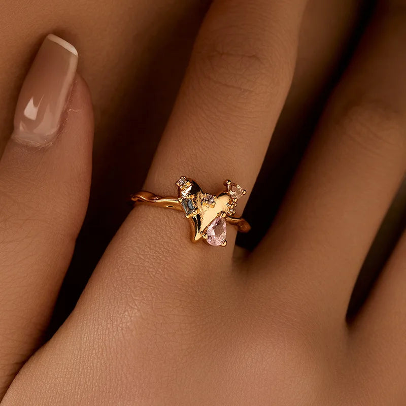 Personalized 18k Gold Plated Exquisite Zircon Ring with Opening Design European American Style Elegant Women Finger Ring