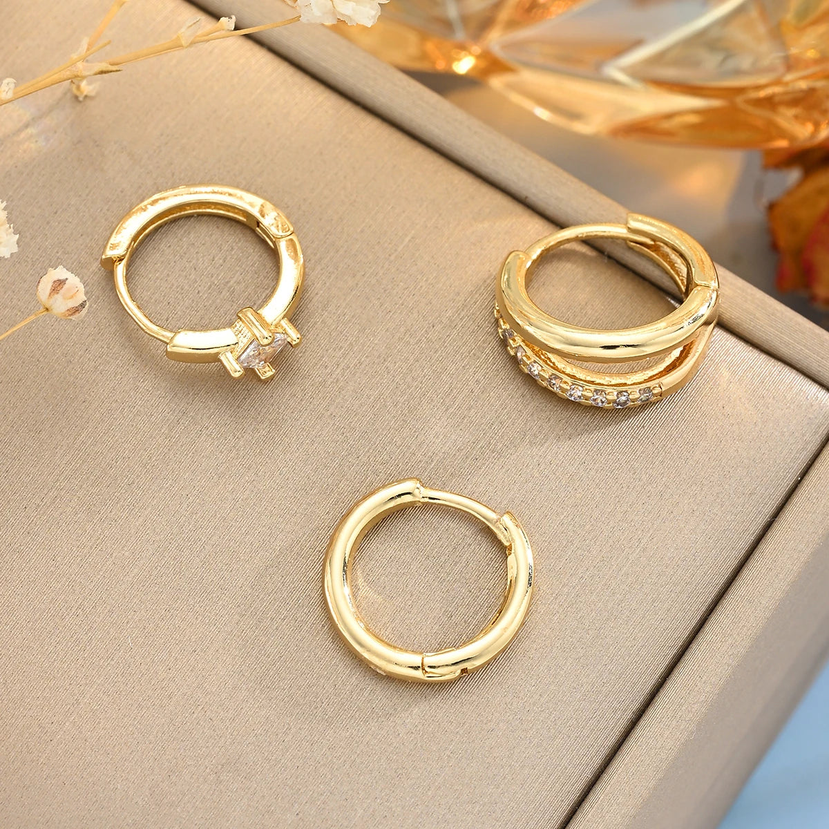 Shiny Crystal Stainless Steel Huggie Hoop Earring Set, 3 Pcs/Set