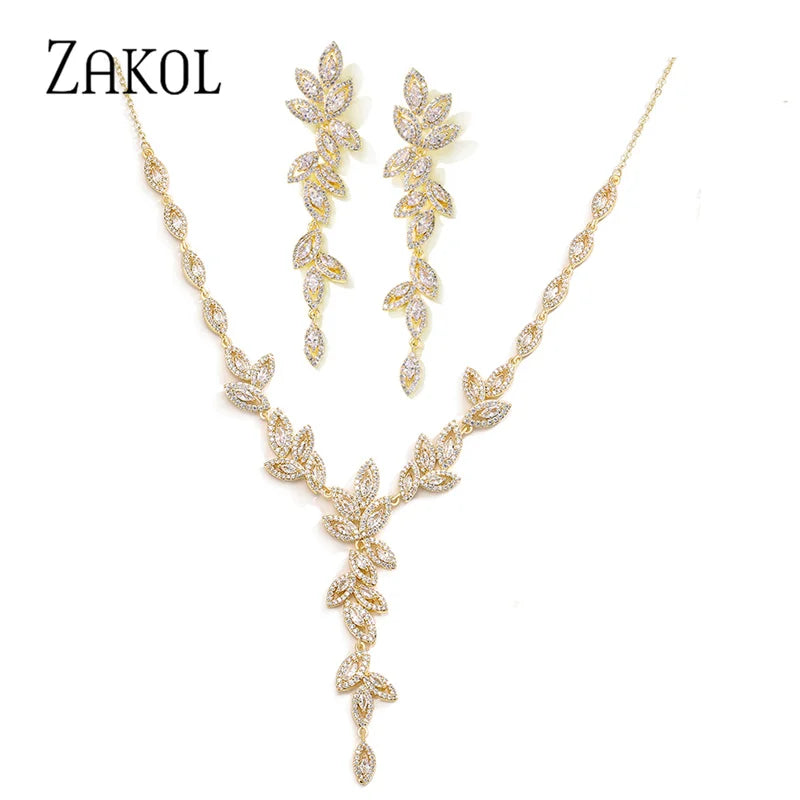 ZAKOL Luxury Gold Color Leaf Bridal Wedding Jewelry Sets for Women Marquise Zircon Earrings Necklace Bracelets Set