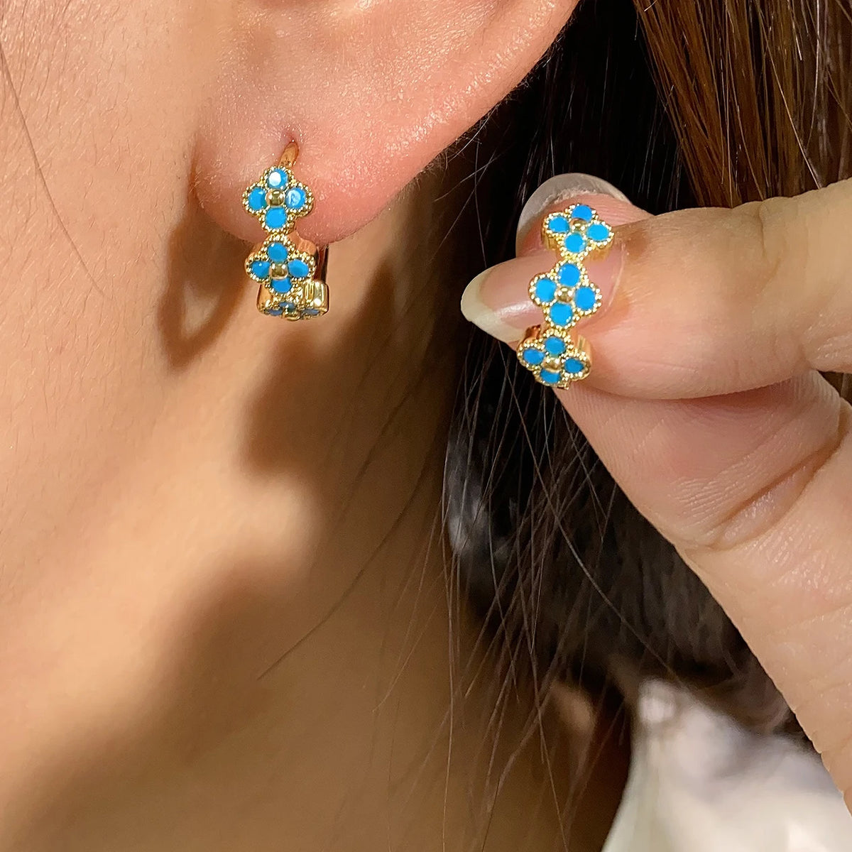 Luxury Gold-Color Plated Turquoise & Micro-Inlaid Blue Zircon Hoop Earrings