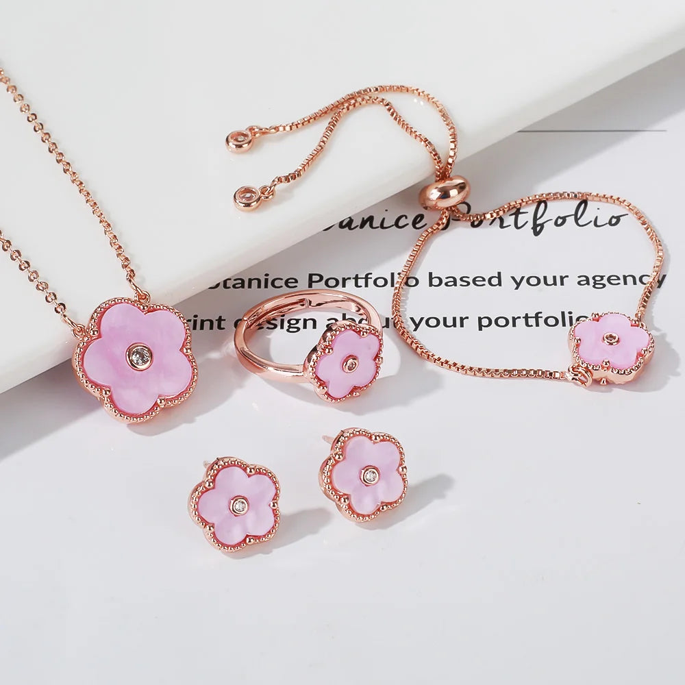 4pc Double-Sided Plum Blossom Jewelry Set Zircon New Hot Selling Plant Five Leaf Flower Women's High-Quality Clover