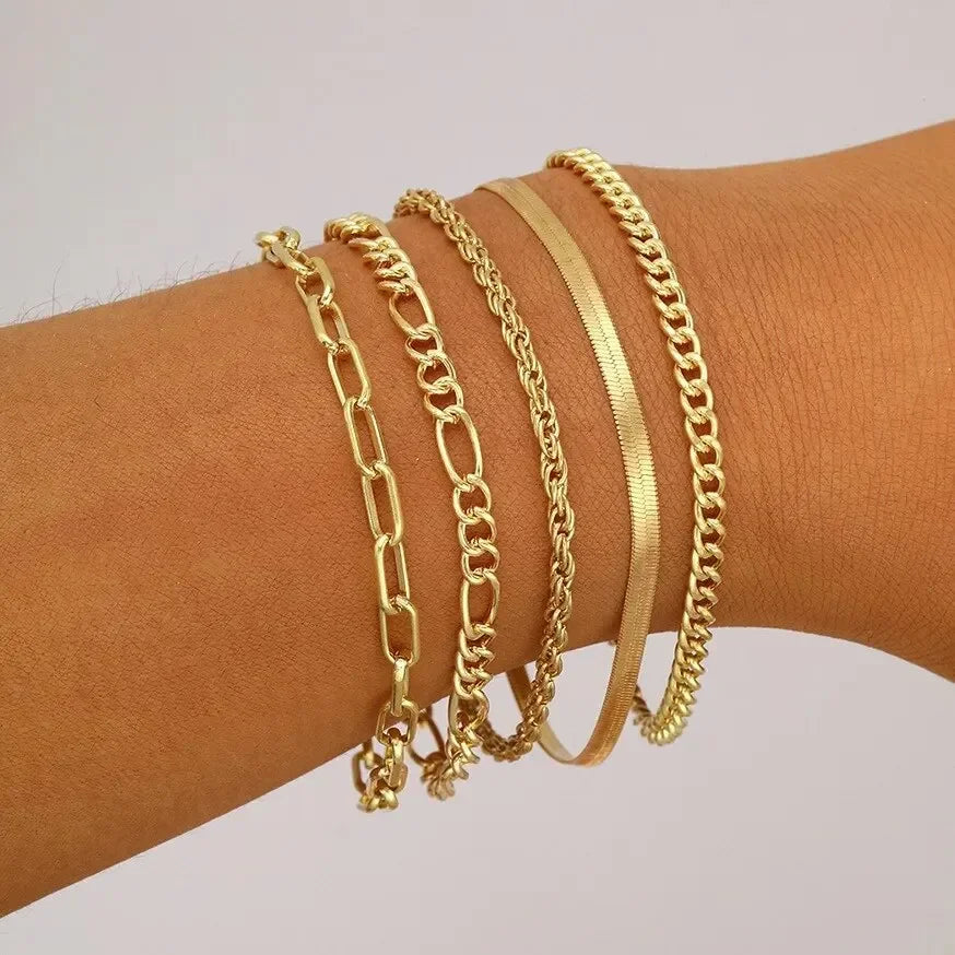 Trendy Minimalist Gold Color Snake Bone Chain Bracelet Set, 20 Pcs/Set