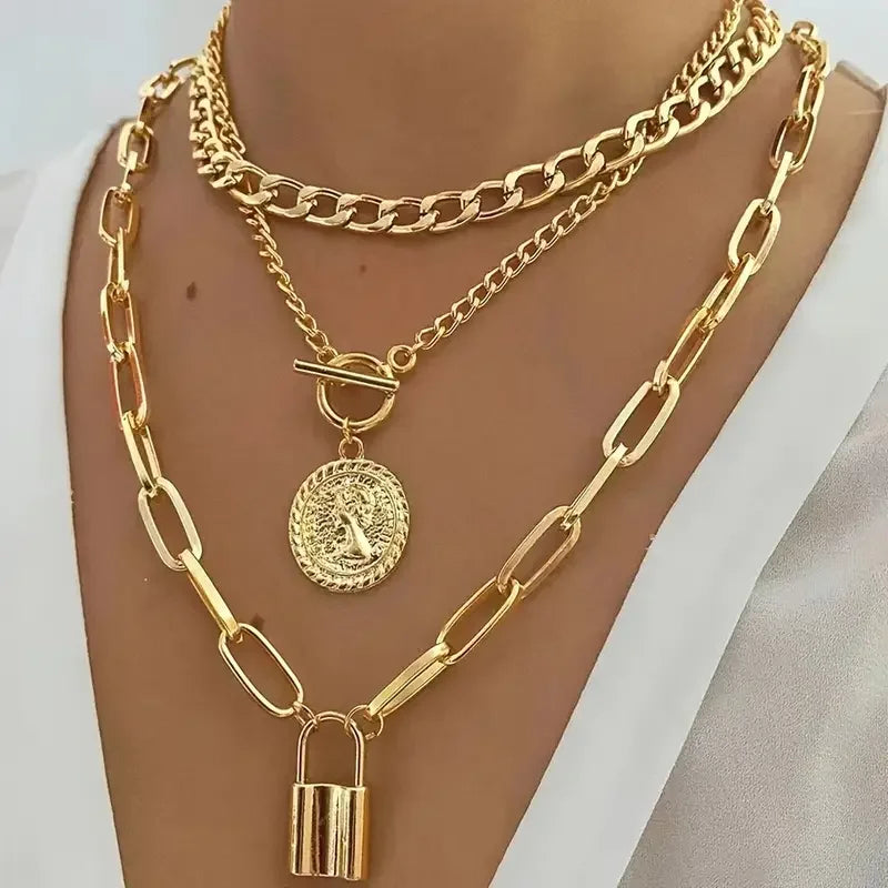 3 Pcs Vintage Gold Embossed Lock Necklace Set