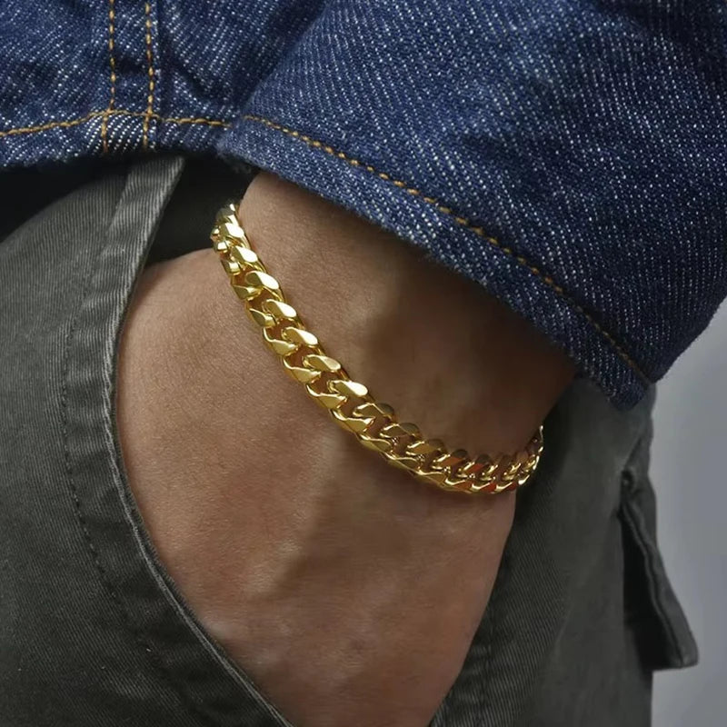 Hiphot Stainless Steel Curb Cuban Chain Bracelet Men Simple Gold Color Men's Chain Bracelet Unisex Wrist Jewelry Bangle Gift