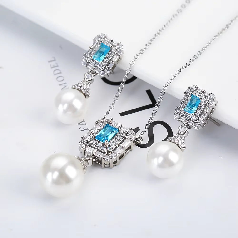 Luxury New Design Simple Irregular Pearl Classic Retro Pendant Necklace Earring Jewelry Set 18K Gold Plated Square Crystal Women