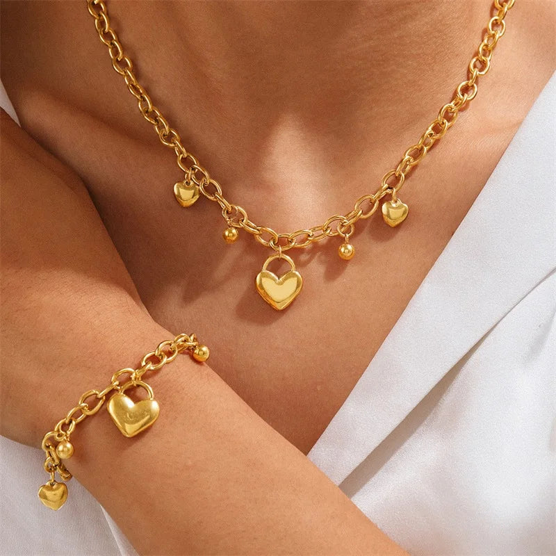 EILIECK 316L Stainless Steel Metal Heart Beads Charms Necklace Bracelet Set For Women Fashion Statement Waterproof Jewelry Gift