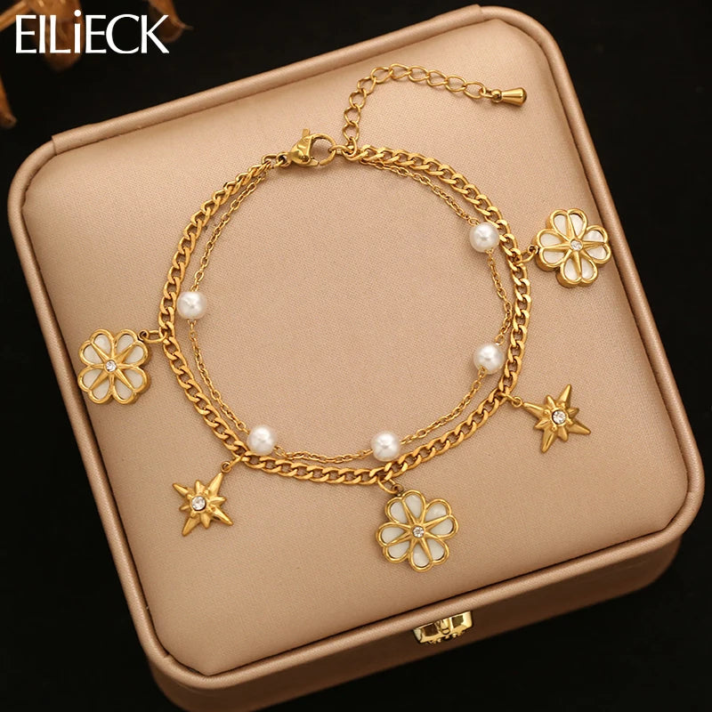 EILIECK 316L Stainless Steel Flowers Stars Charms Bracelets for Women Trendy Layered Pearl Chain Bangles Gold Color Jewelry Gift