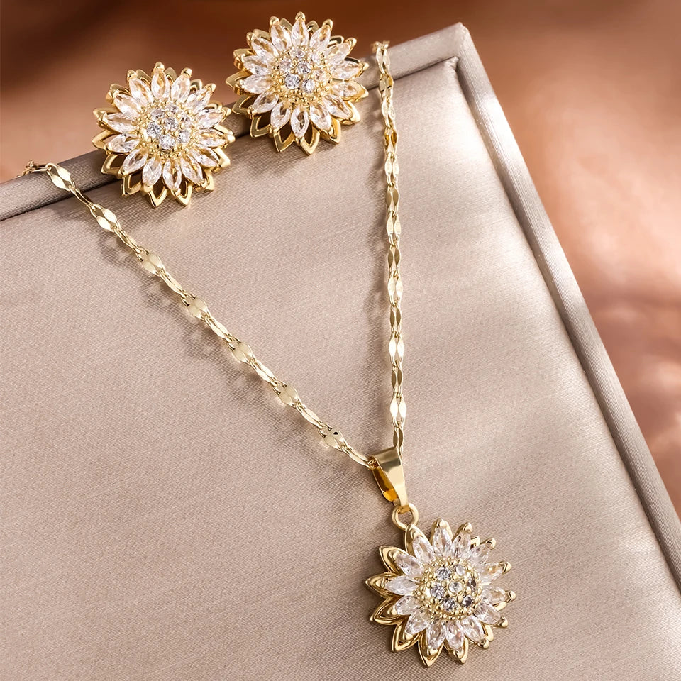 Trendy Rotating Spinner Sunflower Stainless Steel & Zircon Pendant Necklace