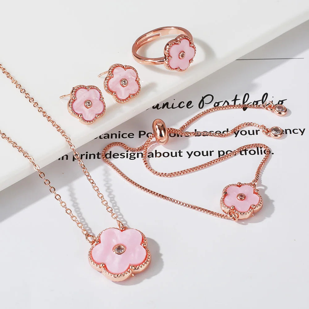 4pc Double-Sided Plum Blossom Jewelry Set Zircon New Hot Selling Plant Five Leaf Flower Women's High-Quality Clover