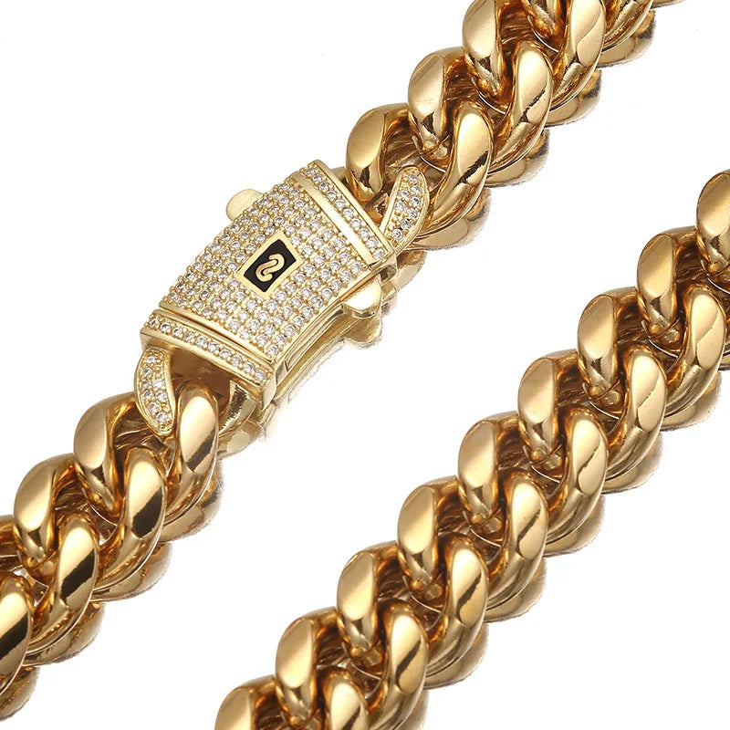Gold Color Stainless Steel CZ Miami Cuban Chain Necklace