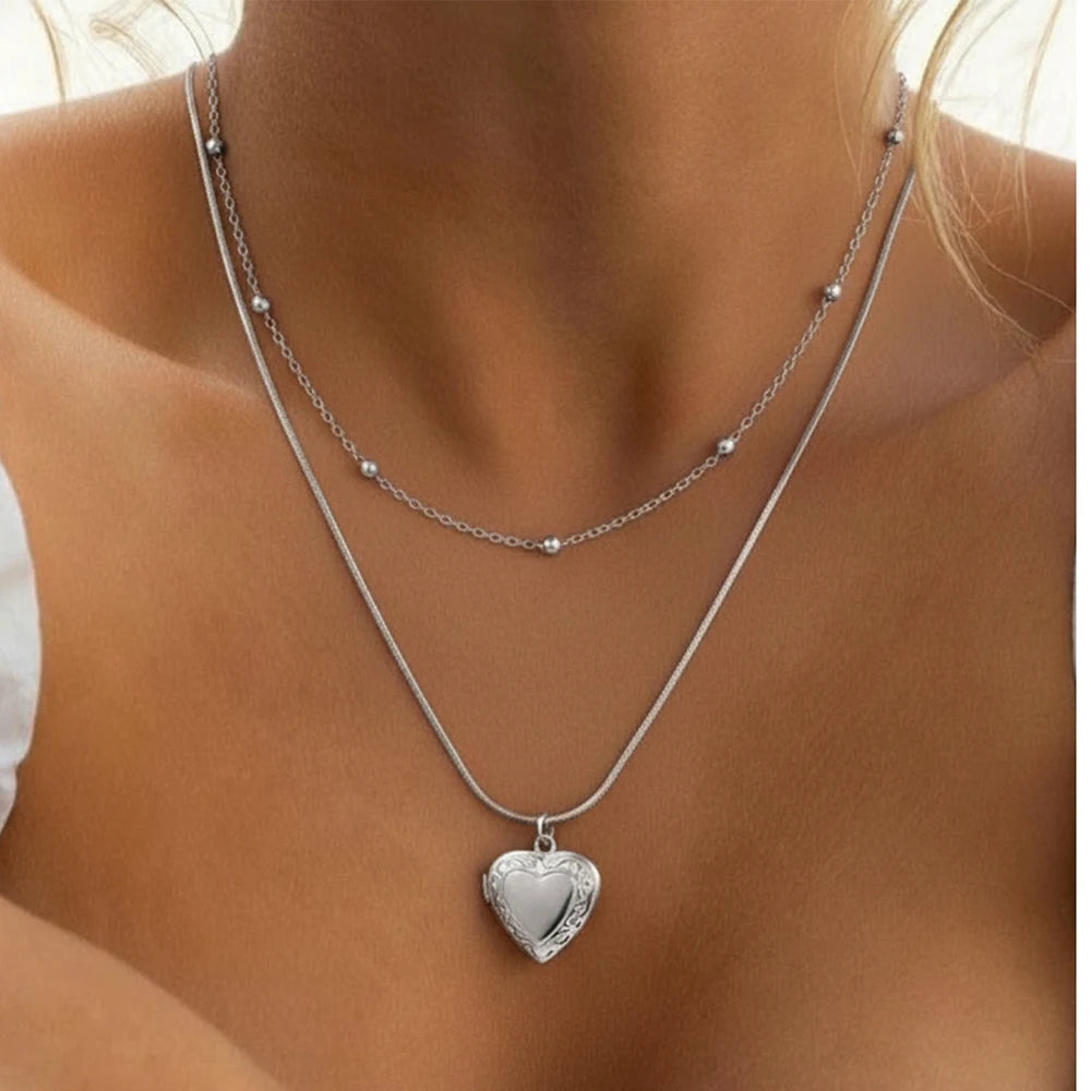 1pc Double-layer Heart Locket Necklace,Openable Photo Pendant&Ball Chain,Elegant Aesthetic For Girls,Everyday&Party Accessories