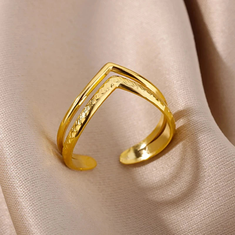 316L Stainless Steel Gold-Color Multilayer Geometric Open Ring