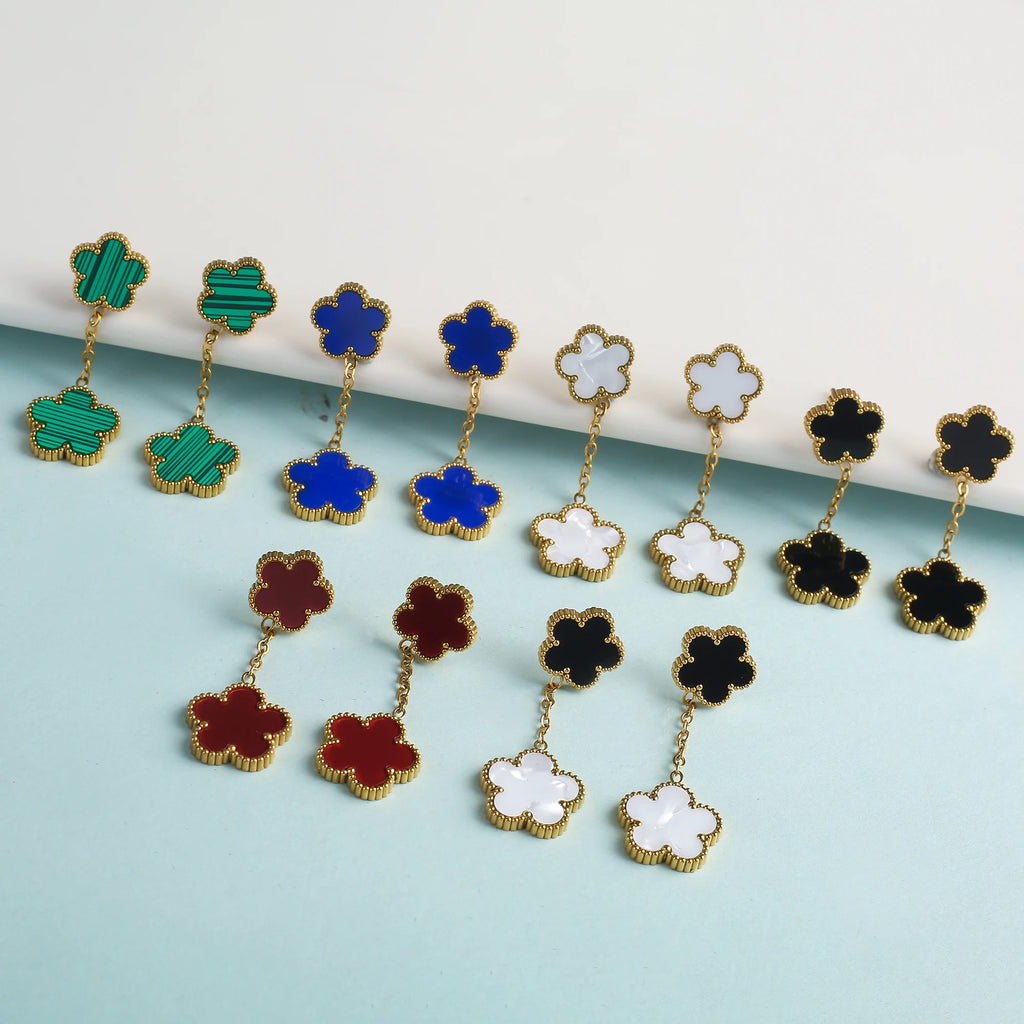 High Quality Hot Selling New Design Shell Acrylic Women's Stainless Steel Five Leaf Flower Jewelry Set That Does Not Fade Clover