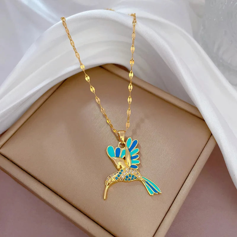 Trendy Gold-Color Stainless Steel Dragonfly Wings Crystal Necklace