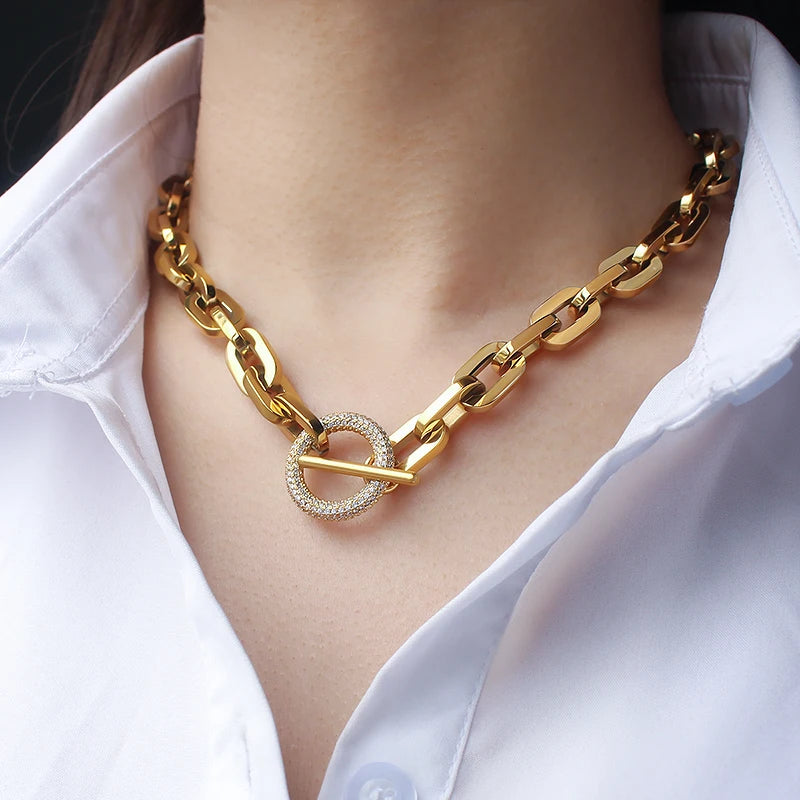 Unique Luxury Plated 18k gold Necklace Shiny Stone T Toggle Clasp Stainless Steel Necklaces Party Jewelry gifts for Women
