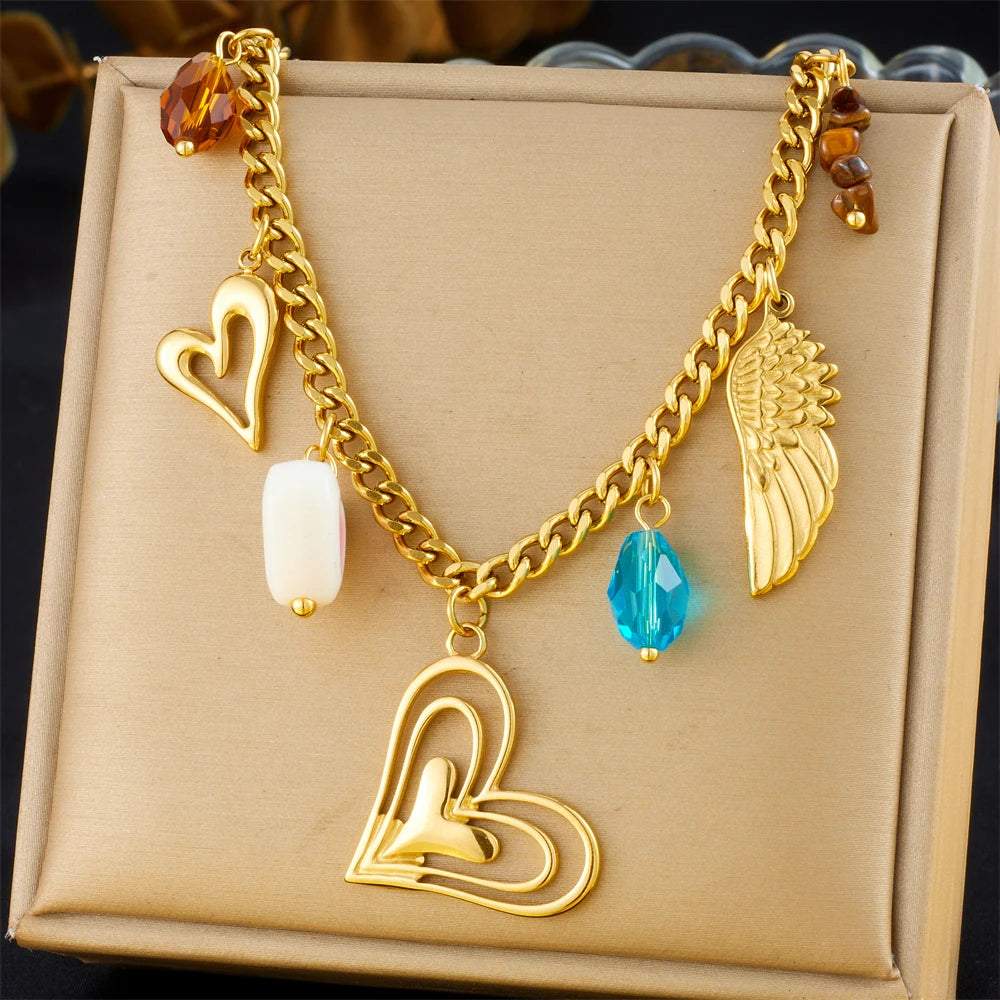 DIEYURO 316L Stainless Steel Golden Heart Flower Turquoise Multi Pendant For Womnen New Trend Chain Rustproof Jewelry Party Gift