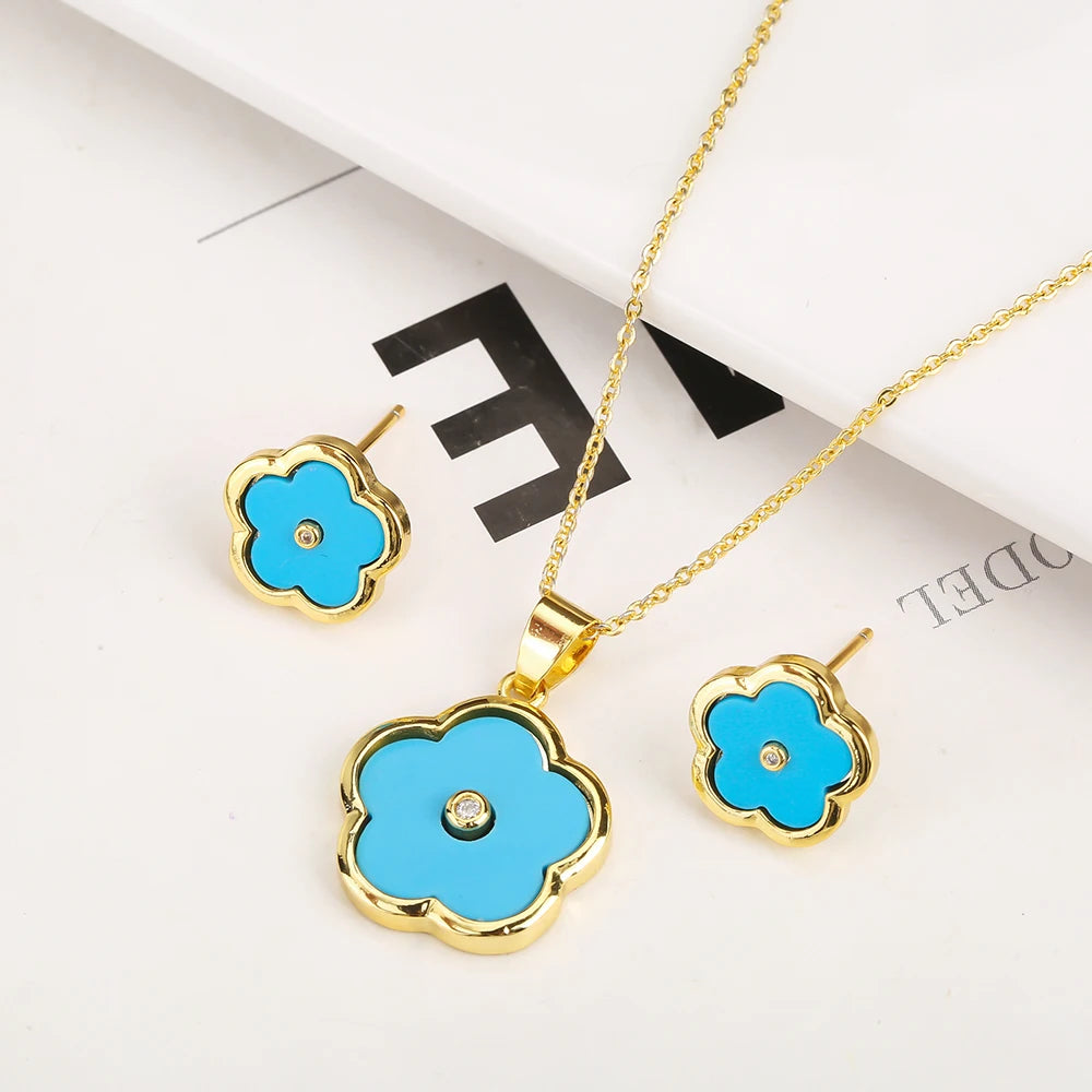 Elegant And Cute Clover Plant Five Leaf Flower Petal Pendant Necklace Earrings Jewelry Set Natural White Shell Stone Woman