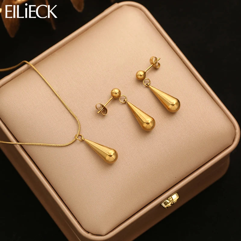 EILIECK 316L Stainless Steel Gold Color Teardrop Tassel Necklace Earrings For Women New Gift Hypoallergenic Waterproof Jewelry