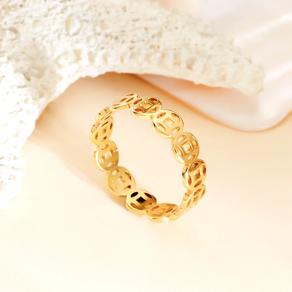 Light Luxury Adjustable Stainless Steel Coin & Chain Open Ring