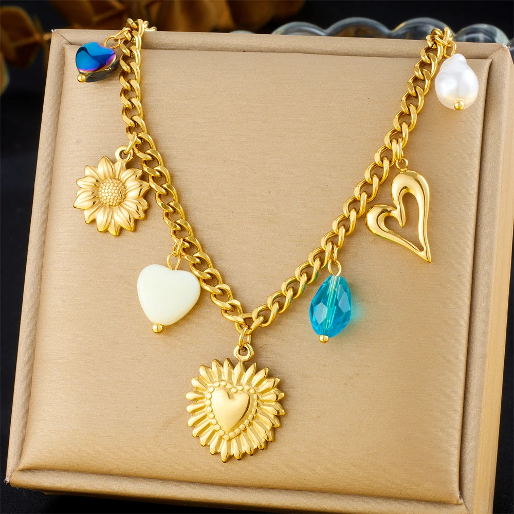 DIEYURO 316L Stainless Steel Golden Heart Flower Turquoise Multi Pendant For Womnen New Trend Chain Rustproof Jewelry Party Gift