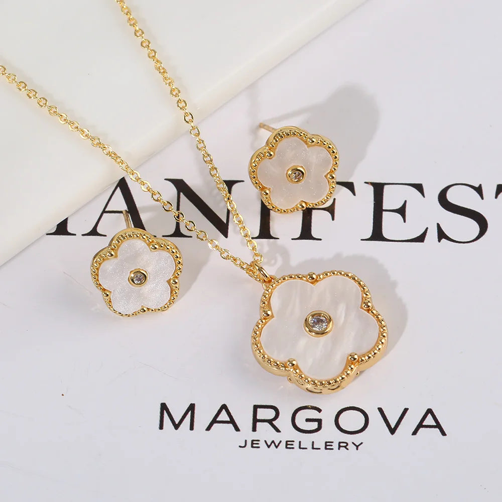 Double Sided Zircon New Design Plant Pentaphyllum 2pc Set Cute Shell Jewelry For Women's High-Quality Gifts Luxurious Clover