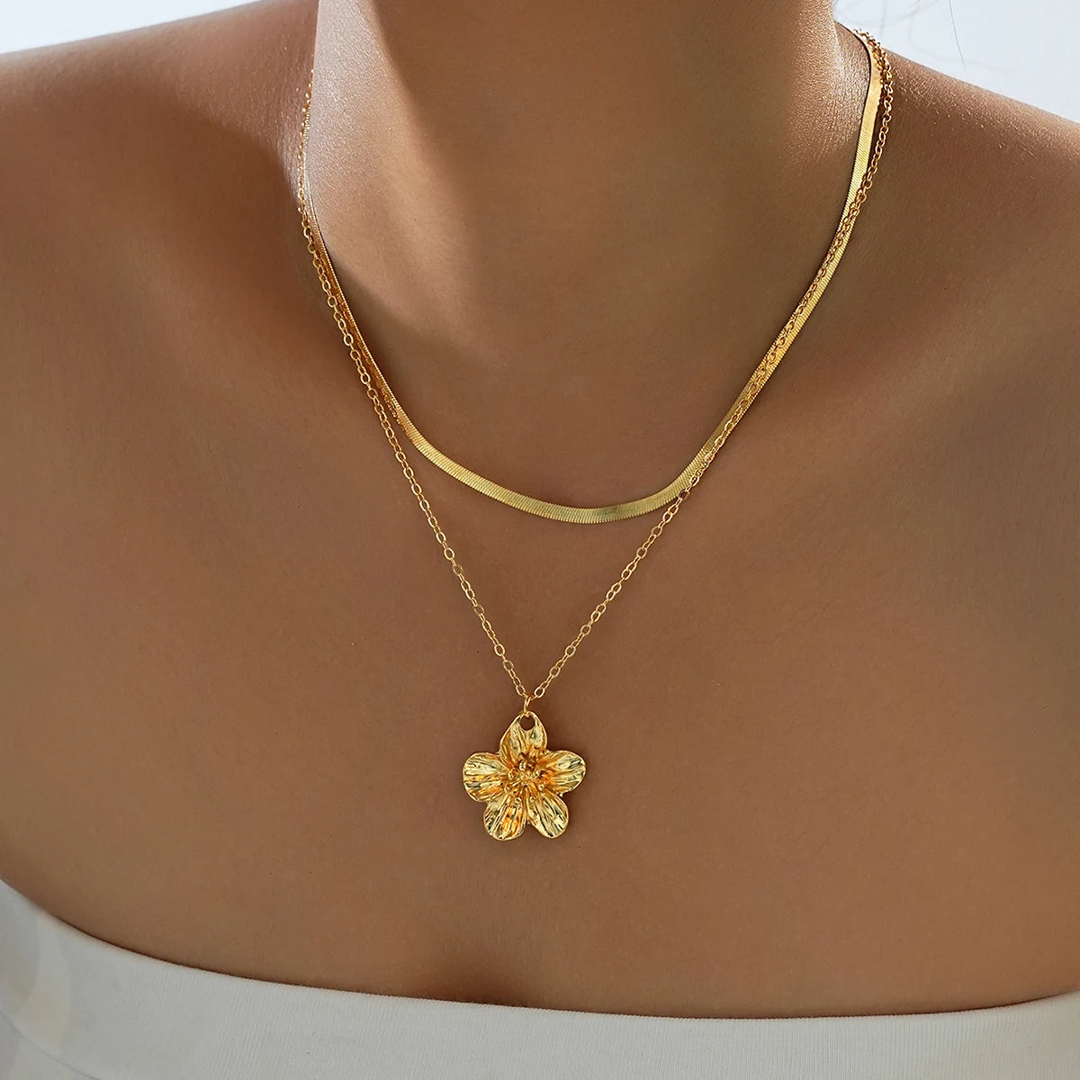 Retro Gold Color Flower & Snake Chain Necklace Set, 2 Pcs/Set