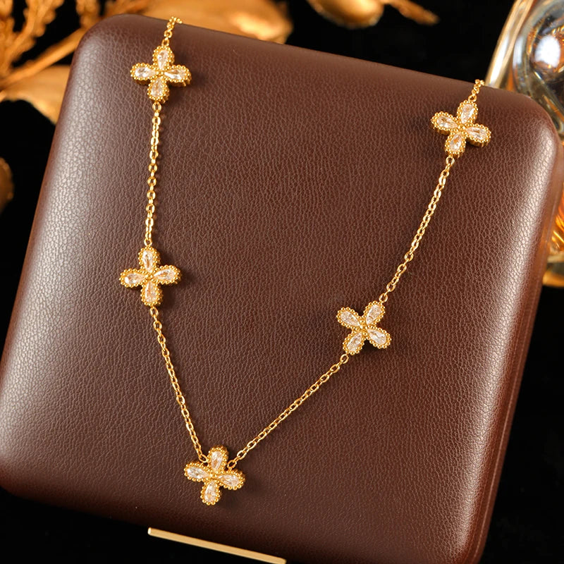 GANEMLY 316L Stainless Steel Flower Zirconia Bracelet Necklace Earrings Set Charm Metal Texture 18K Gold Plated Jewelry Women